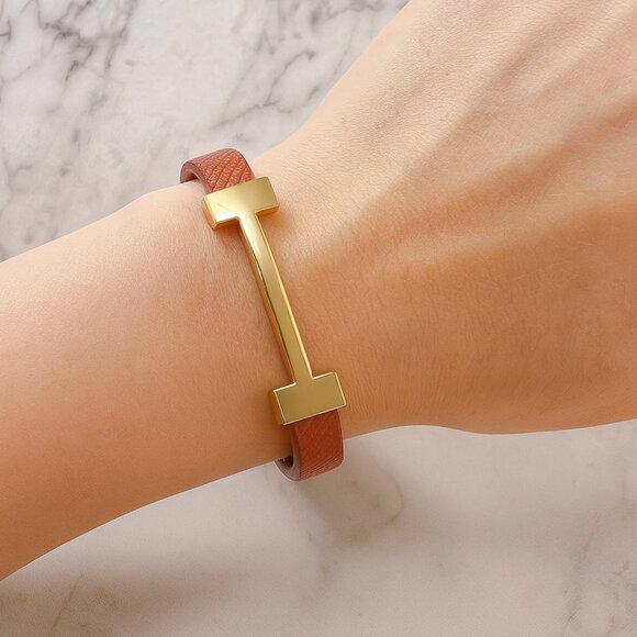 Black Vegan Leather Cuff Bracelet Gold - Picture 2 of 2